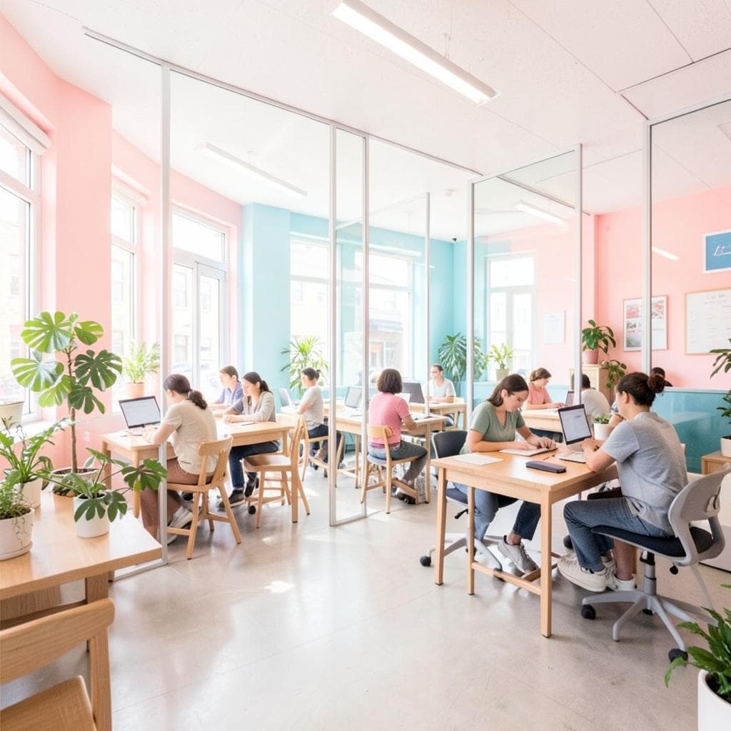 Students studying at desks in a bright, plant-filled study center
